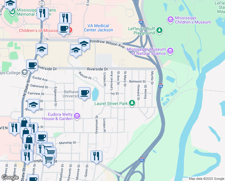 map of restaurants, bars, coffee shops, grocery stores, and more near 1703 Saint Ann Street in Jackson