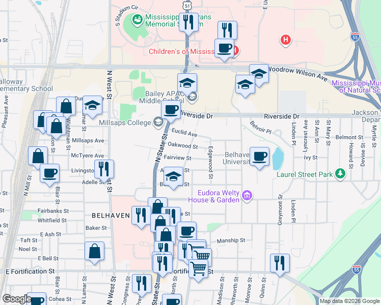 map of restaurants, bars, coffee shops, grocery stores, and more near 810 Fairview Street in Jackson