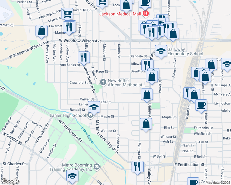 map of restaurants, bars, coffee shops, grocery stores, and more near 2012 Woodlawn Street in Jackson