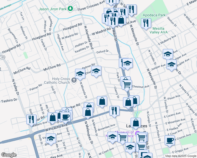 map of restaurants, bars, coffee shops, grocery stores, and more near 1325 North Alameda Boulevard in Las Cruces