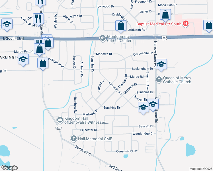 map of restaurants, bars, coffee shops, grocery stores, and more near 1506 Flamingo Lane in Montgomery