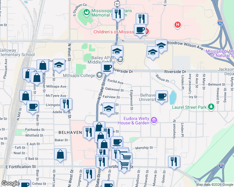map of restaurants, bars, coffee shops, grocery stores, and more near 810 Fairview Street in Jackson