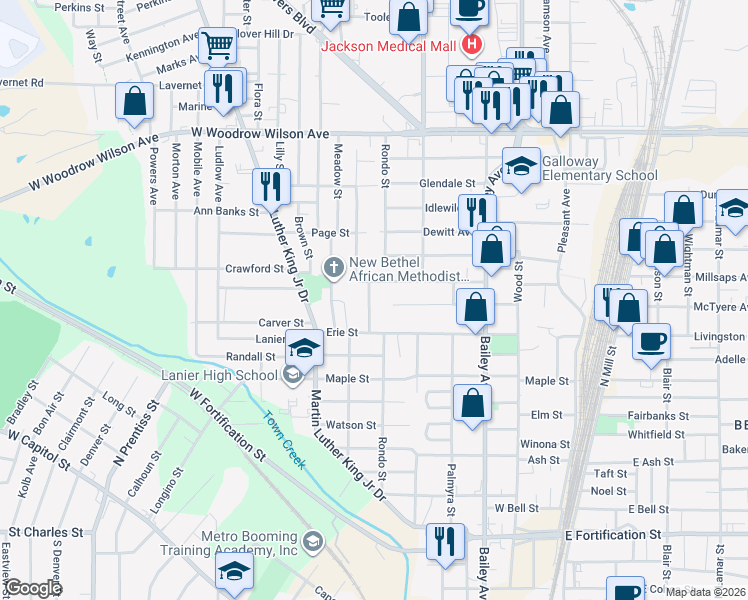 map of restaurants, bars, coffee shops, grocery stores, and more near 2012 Woodlawn Street in Jackson