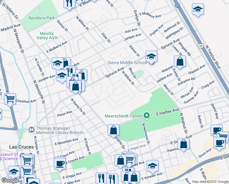 map of restaurants, bars, coffee shops, grocery stores, and more near 1001 Coyote Trail in Las Cruces