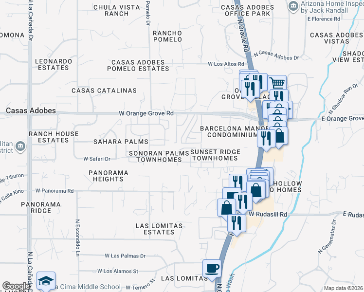 map of restaurants, bars, coffee shops, grocery stores, and more near 732 West Rushwood Drive in Tucson