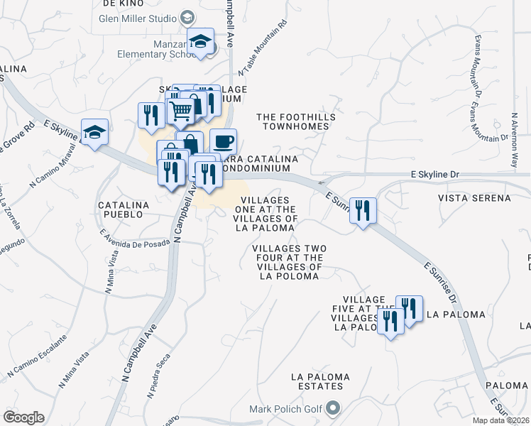 map of restaurants, bars, coffee shops, grocery stores, and more near 6289 North Via Lomas De Paloma in Tucson