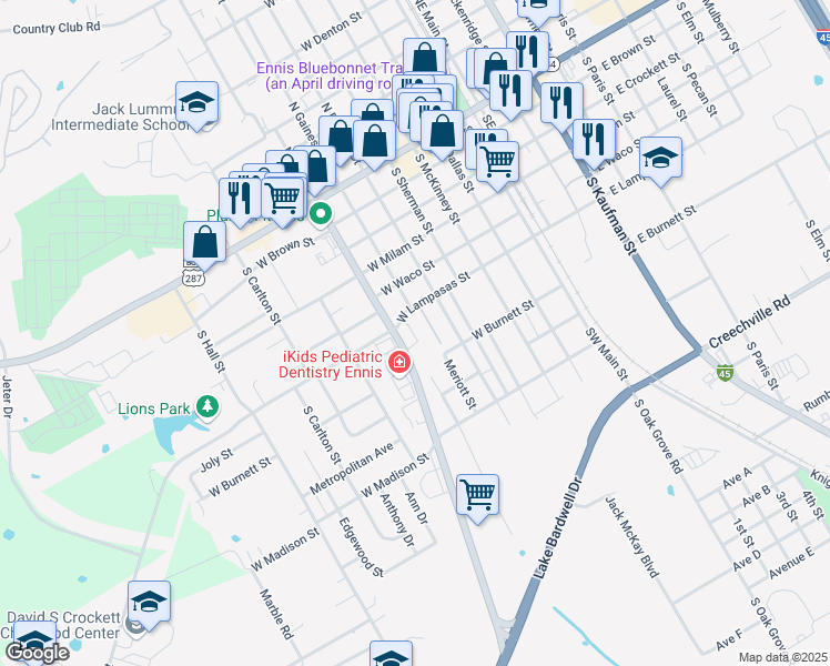 map of restaurants, bars, coffee shops, grocery stores, and more near 600 South Clay Street in Ennis