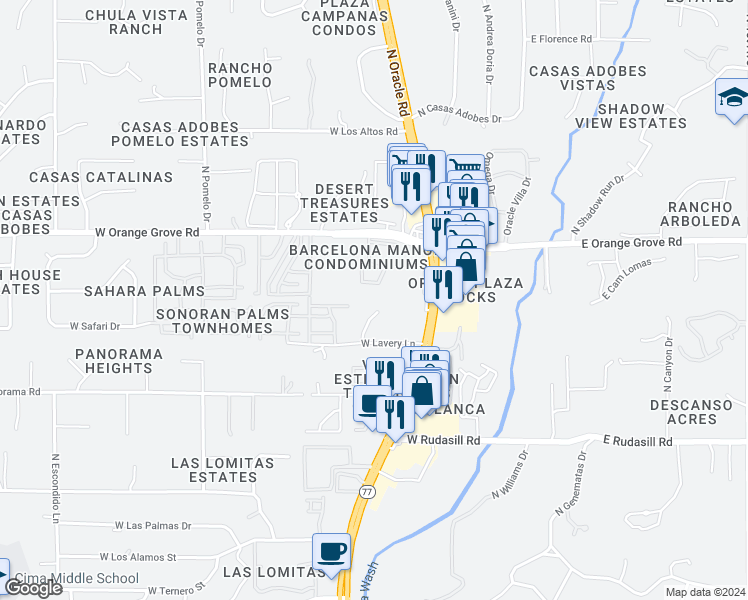 map of restaurants, bars, coffee shops, grocery stores, and more near 6261 North Saguaro Post Place in Tucson