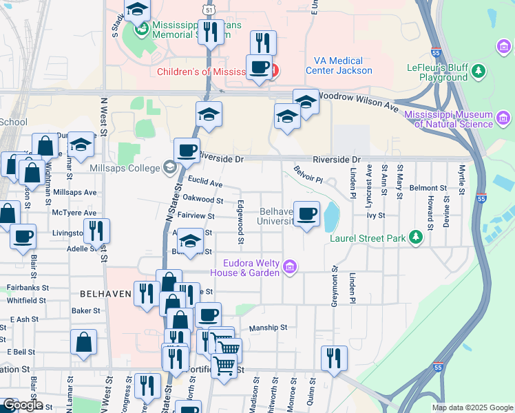 map of restaurants, bars, coffee shops, grocery stores, and more near 914 Fairview Street in Jackson