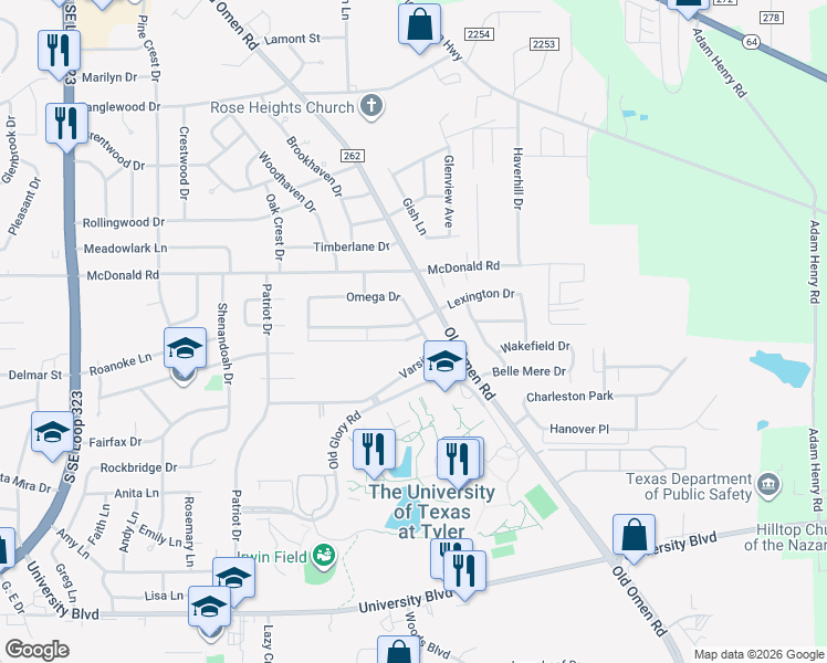 map of restaurants, bars, coffee shops, grocery stores, and more near 3425 Lexington Drive in Tyler