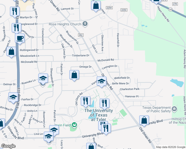 map of restaurants, bars, coffee shops, grocery stores, and more near 3425 Lexington Drive in Tyler