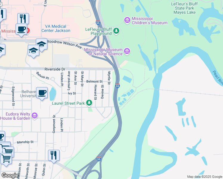 map of restaurants, bars, coffee shops, grocery stores, and more near 1706 Myrtle Street in Jackson