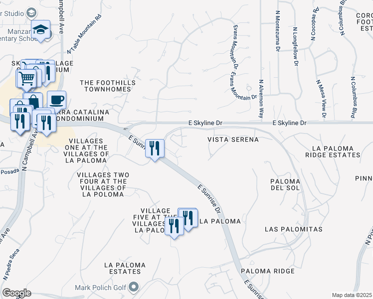 map of restaurants, bars, coffee shops, grocery stores, and more near 6283 North Vuelta Tajo in Tucson