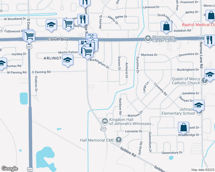 map of restaurants, bars, coffee shops, grocery stores, and more near 4426 Nordale Drive in Montgomery
