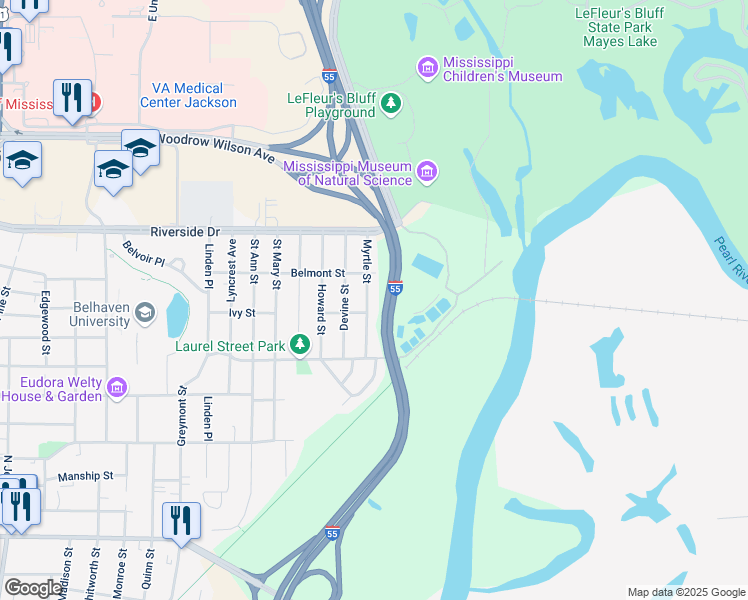 map of restaurants, bars, coffee shops, grocery stores, and more near 1706 Myrtle Street in Jackson