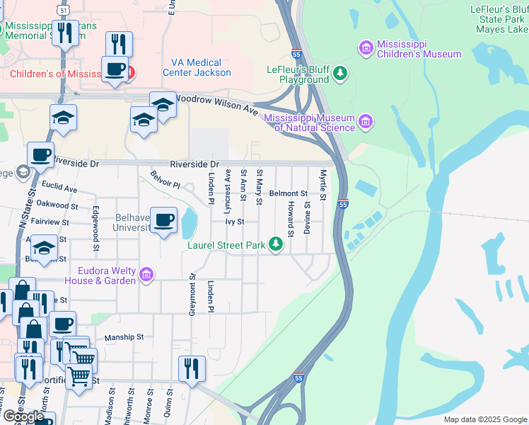 map of restaurants, bars, coffee shops, grocery stores, and more near 1702 Saint Mary Street in Jackson
