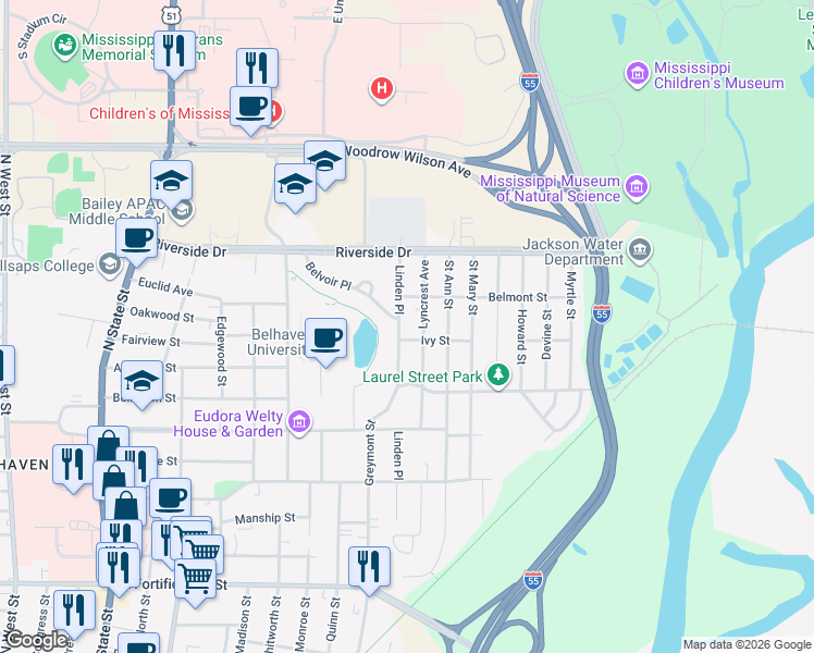 map of restaurants, bars, coffee shops, grocery stores, and more near 1704 Linden Place in Jackson