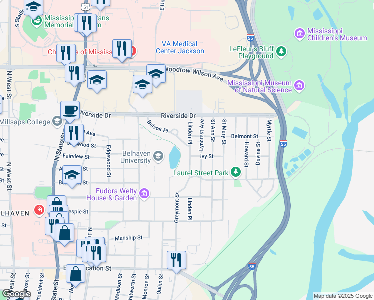 map of restaurants, bars, coffee shops, grocery stores, and more near 1704 Linden Place in Jackson