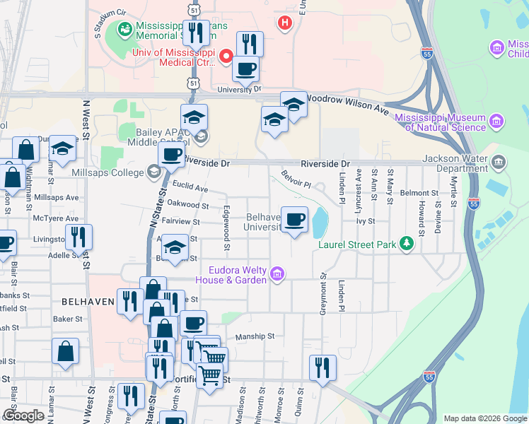 map of restaurants, bars, coffee shops, grocery stores, and more near 1653 Peachtree Street in Jackson