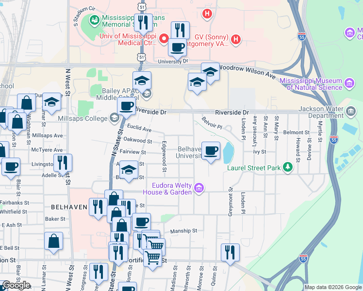 map of restaurants, bars, coffee shops, grocery stores, and more near 914 Fairview Street in Jackson