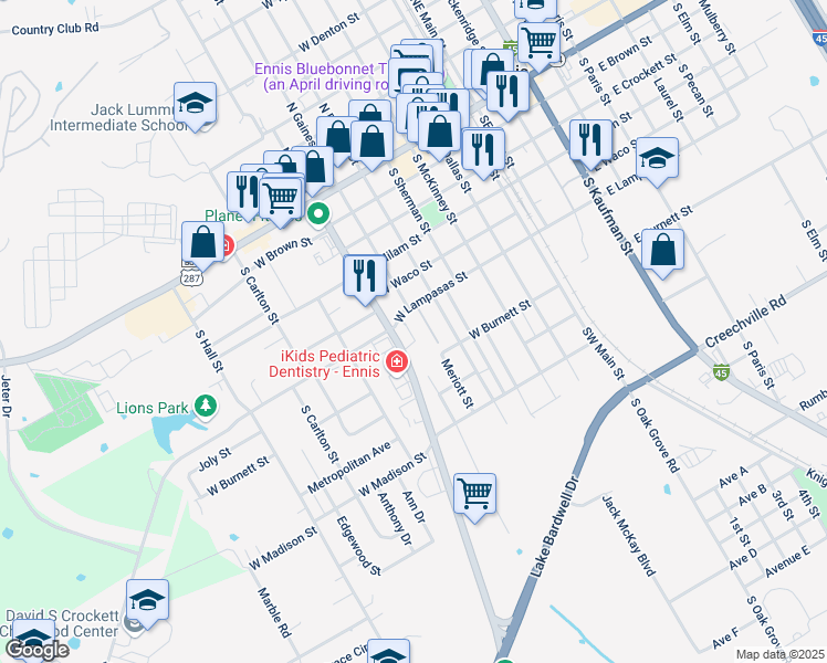 map of restaurants, bars, coffee shops, grocery stores, and more near 600 South Clay Street in Ennis