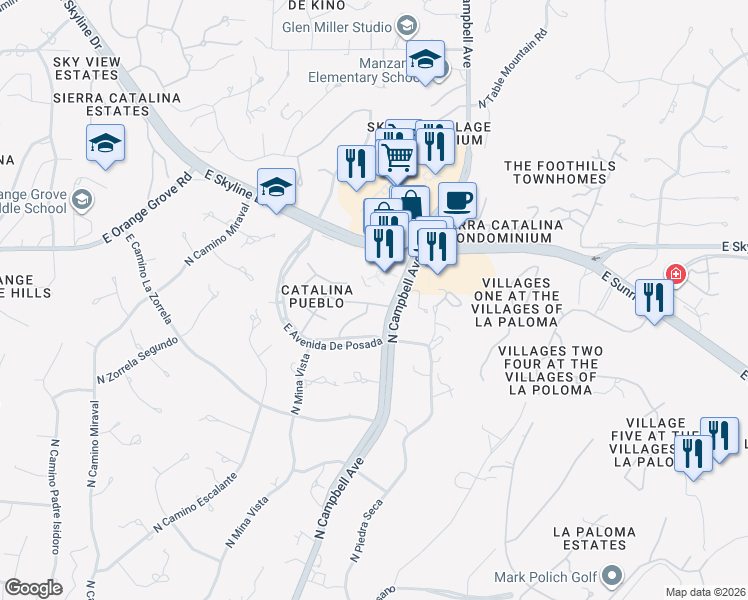map of restaurants, bars, coffee shops, grocery stores, and more near 2762 East Avenida De Pueblo in Tucson