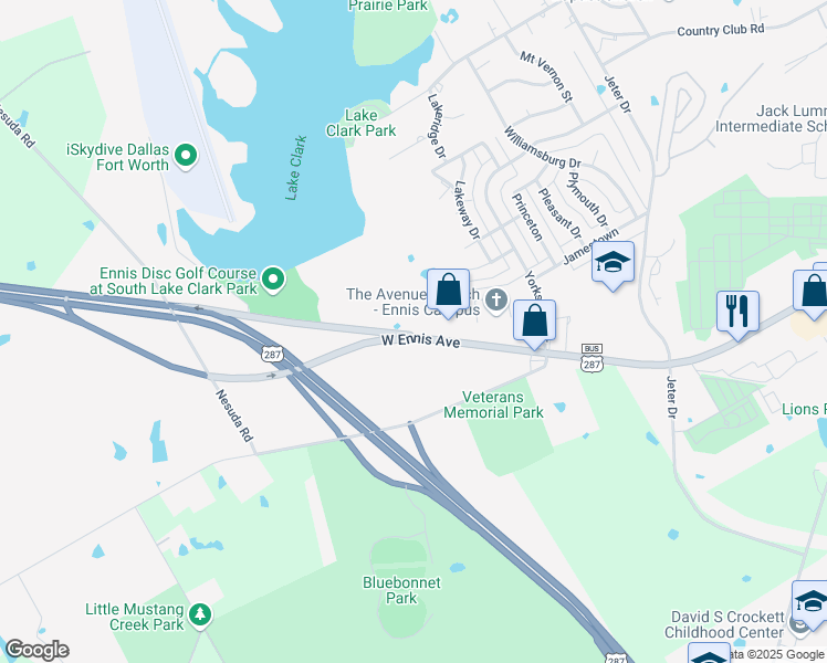 map of restaurants, bars, coffee shops, grocery stores, and more near 2402 West Ennis Avenue in Ennis