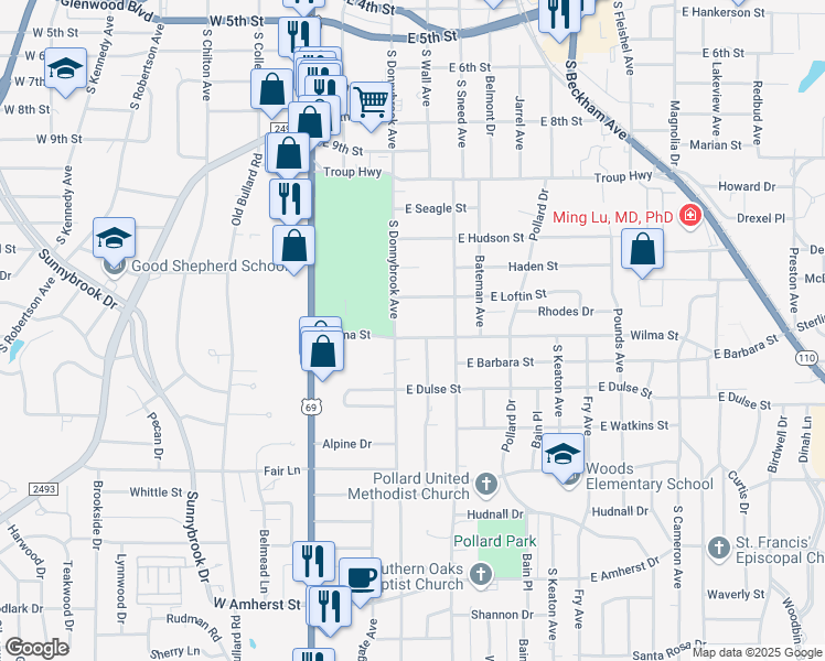 map of restaurants, bars, coffee shops, grocery stores, and more near 414 Wilma Street in Tyler