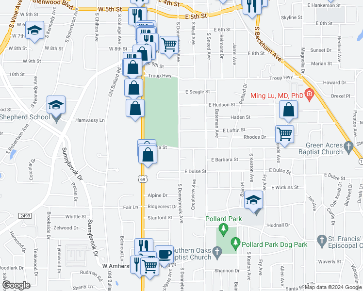 map of restaurants, bars, coffee shops, grocery stores, and more near 402 Wilma Street in Tyler