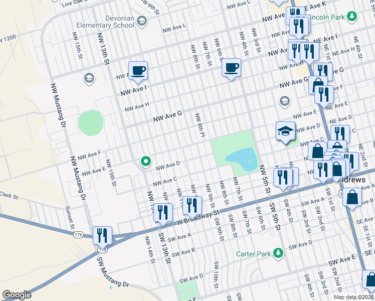 map of restaurants, bars, coffee shops, grocery stores, and more near 502 NW 10th St in Andrews