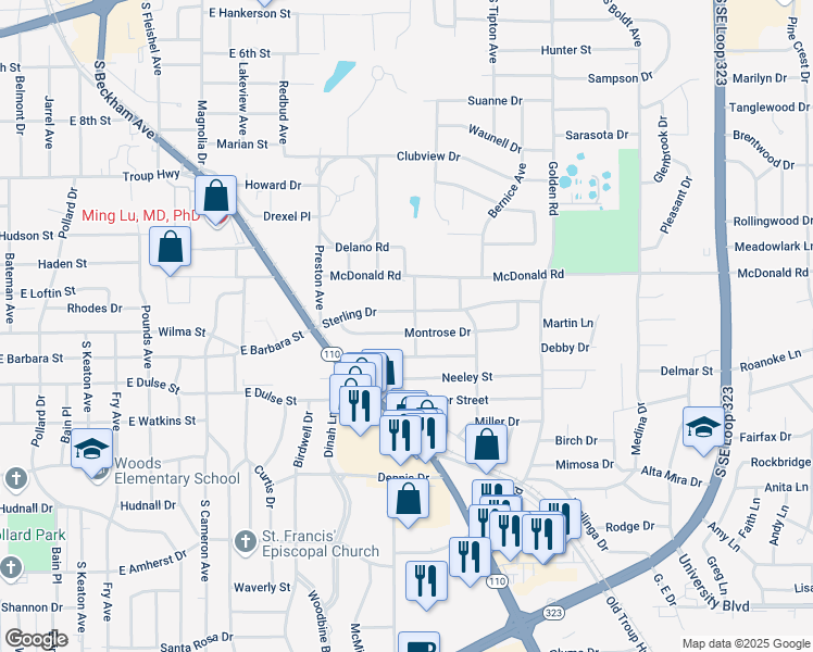 map of restaurants, bars, coffee shops, grocery stores, and more near 1811 Montrose Drive in Tyler
