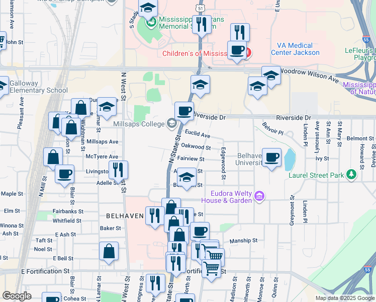 map of restaurants, bars, coffee shops, grocery stores, and more near 734 Fairview Street in Jackson