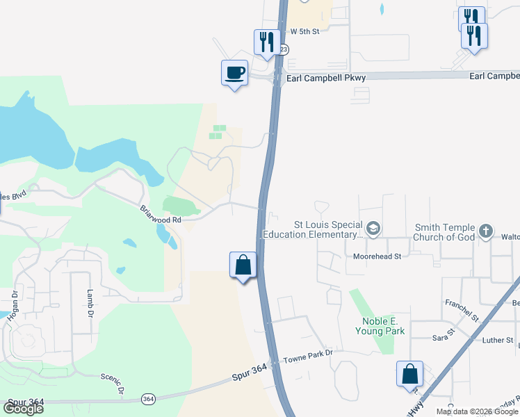 map of restaurants, bars, coffee shops, grocery stores, and more near 2599 W Southwest Loop 323 in Tyler