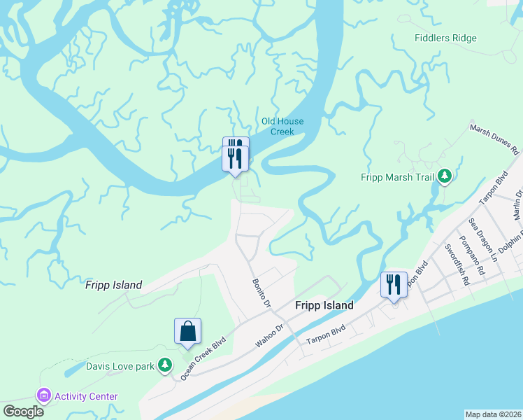 map of restaurants, bars, coffee shops, grocery stores, and more near 357 Blue Gill Road in Saint Helena Island
