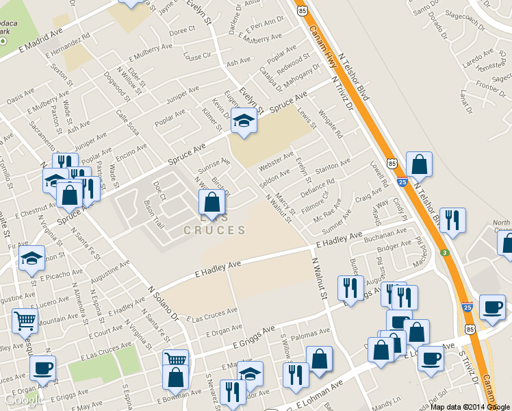 map of restaurants, bars, coffee shops, grocery stores, and more near 1081 North Willow Street in Las Cruces