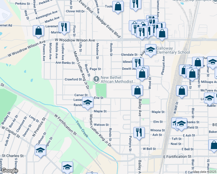 map of restaurants, bars, coffee shops, grocery stores, and more near 2012 Woodlawn Street in Jackson