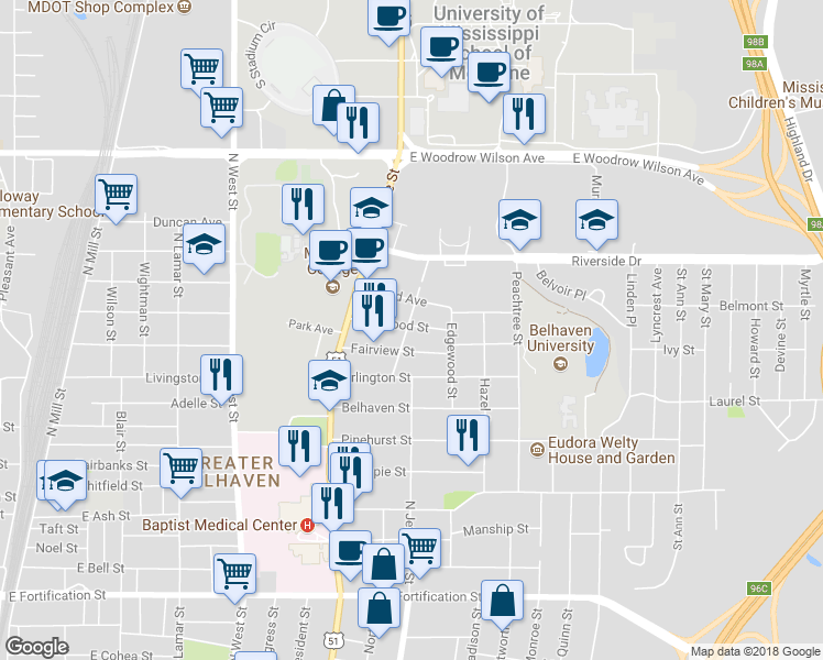 map of restaurants, bars, coffee shops, grocery stores, and more near 1730 Pine Street in Jackson