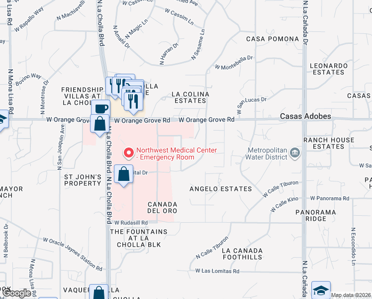 map of restaurants, bars, coffee shops, grocery stores, and more near 1777 West Orange Grove Road in Tucson