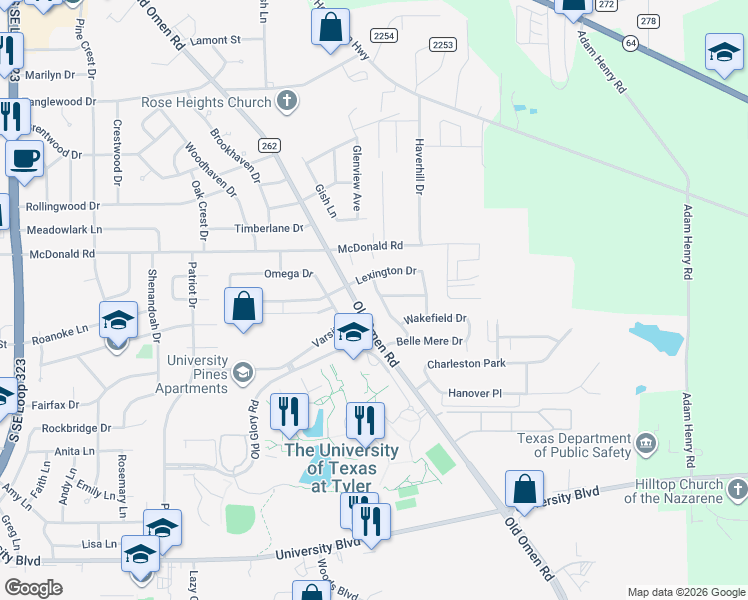 map of restaurants, bars, coffee shops, grocery stores, and more near 2623 Chelsea Drive in Tyler
