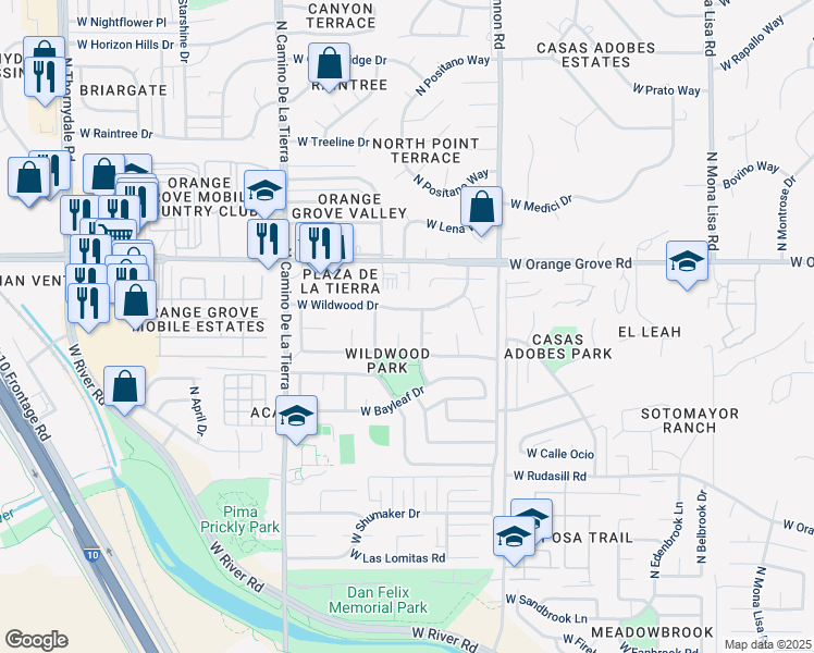map of restaurants, bars, coffee shops, grocery stores, and more near 6251 North Tealeaf Place in Tucson