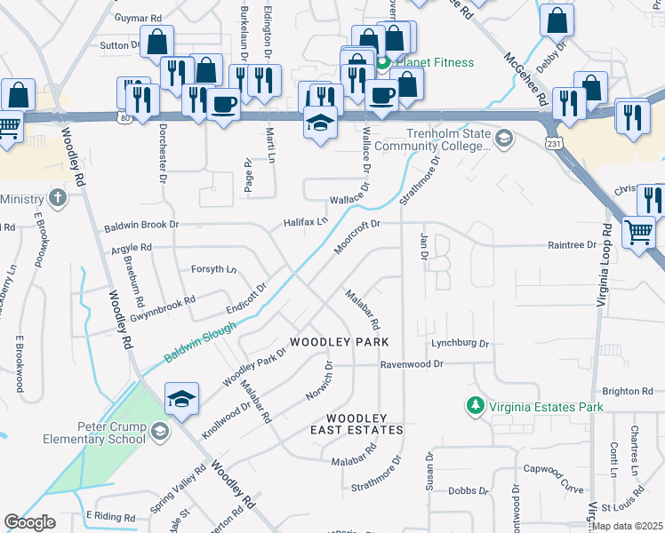 map of restaurants, bars, coffee shops, grocery stores, and more near 2919 Woodley Park Drive in Montgomery