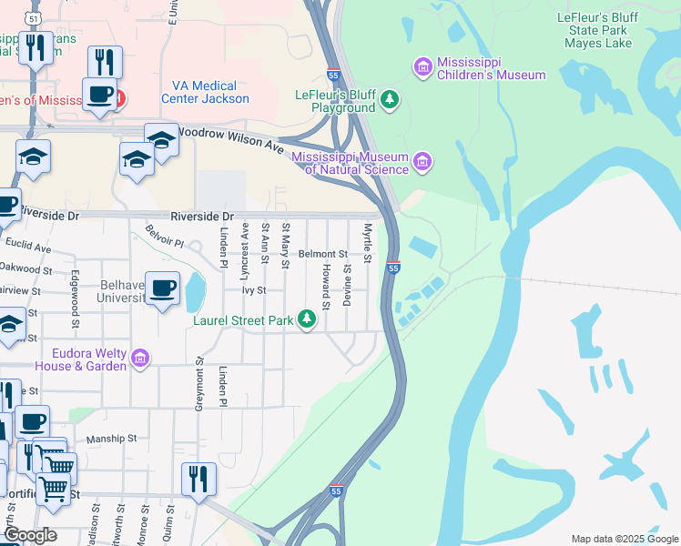 map of restaurants, bars, coffee shops, grocery stores, and more near 1702 Devine Street in Jackson