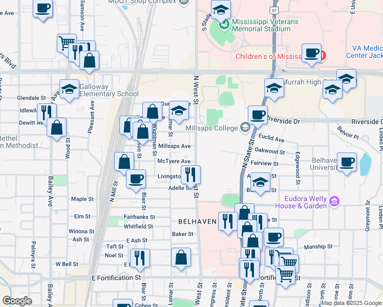 map of restaurants, bars, coffee shops, grocery stores, and more near 333 McTyere Avenue in Jackson