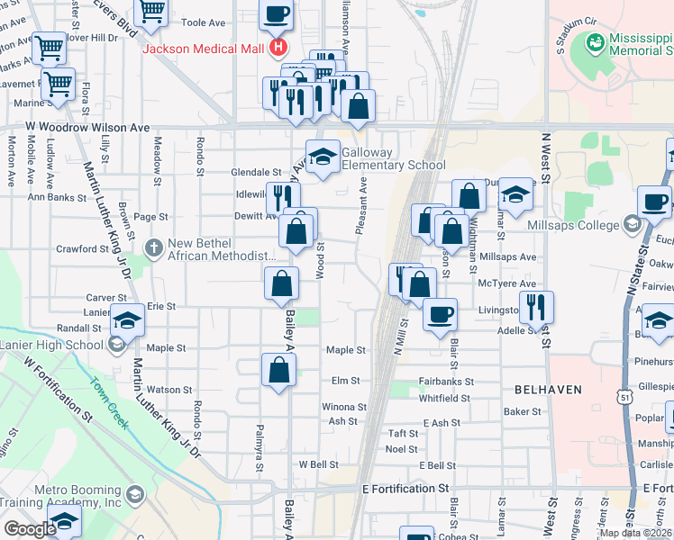map of restaurants, bars, coffee shops, grocery stores, and more near 1515 Gilmore St in Jackson