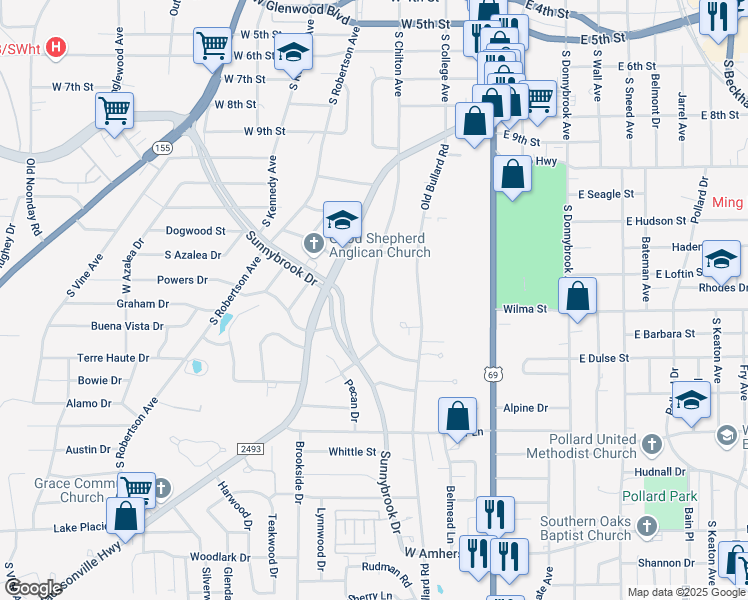 map of restaurants, bars, coffee shops, grocery stores, and more near 2700 South Chilton Avenue in Tyler