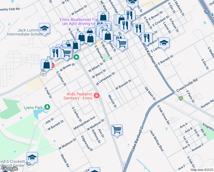map of restaurants, bars, coffee shops, grocery stores, and more near 600 South Clay Street in Ennis