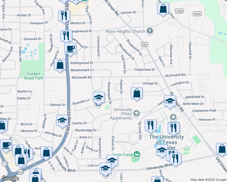 map of restaurants, bars, coffee shops, grocery stores, and more near 3026 Williamsburg Drive in Tyler