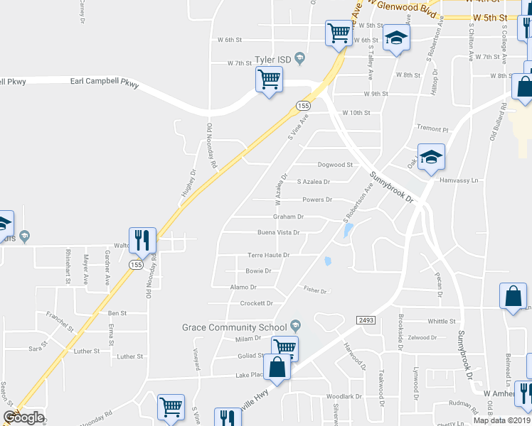 map of restaurants, bars, coffee shops, grocery stores, and more near 1421 Graham Drive in Tyler