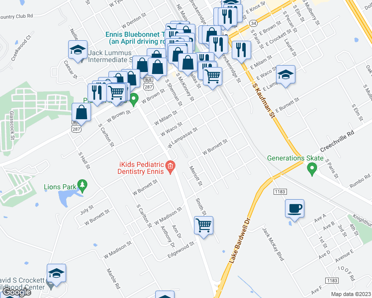 map of restaurants, bars, coffee shops, grocery stores, and more near 501 West Lampasas Street in Ennis