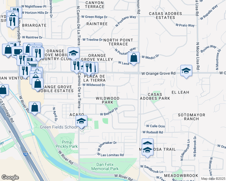 map of restaurants, bars, coffee shops, grocery stores, and more near 6251 North Tealeaf Place in Tucson